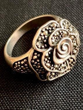 Vintage Sterling Silver Rose Ring • Thailand • Marcasite Style